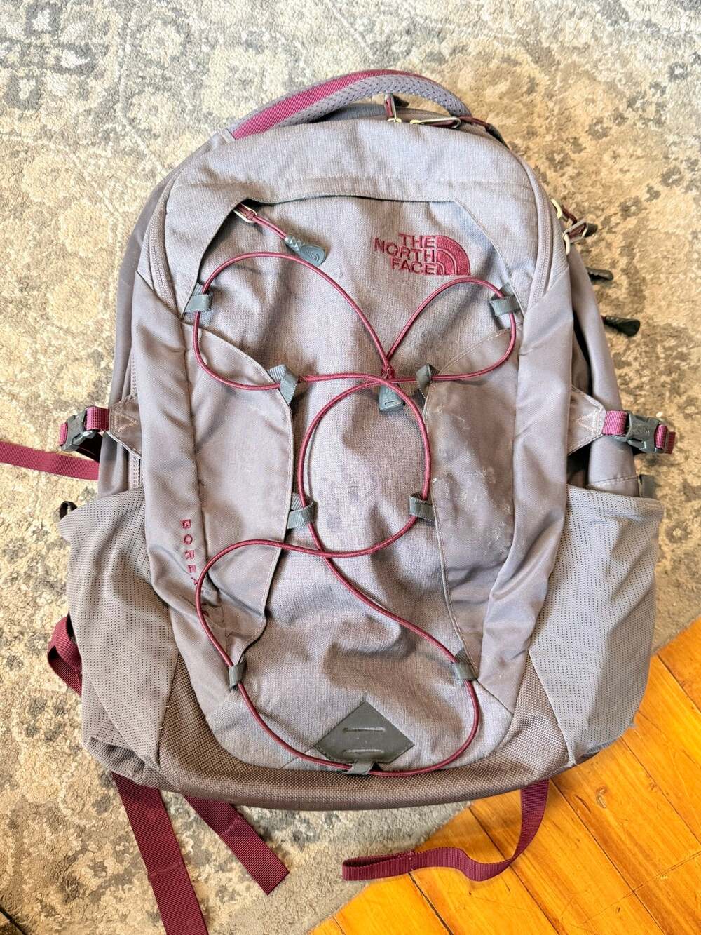 The North Face Borealis FlexVent Gray Burgundy Backpack Laptop Hiking Bag